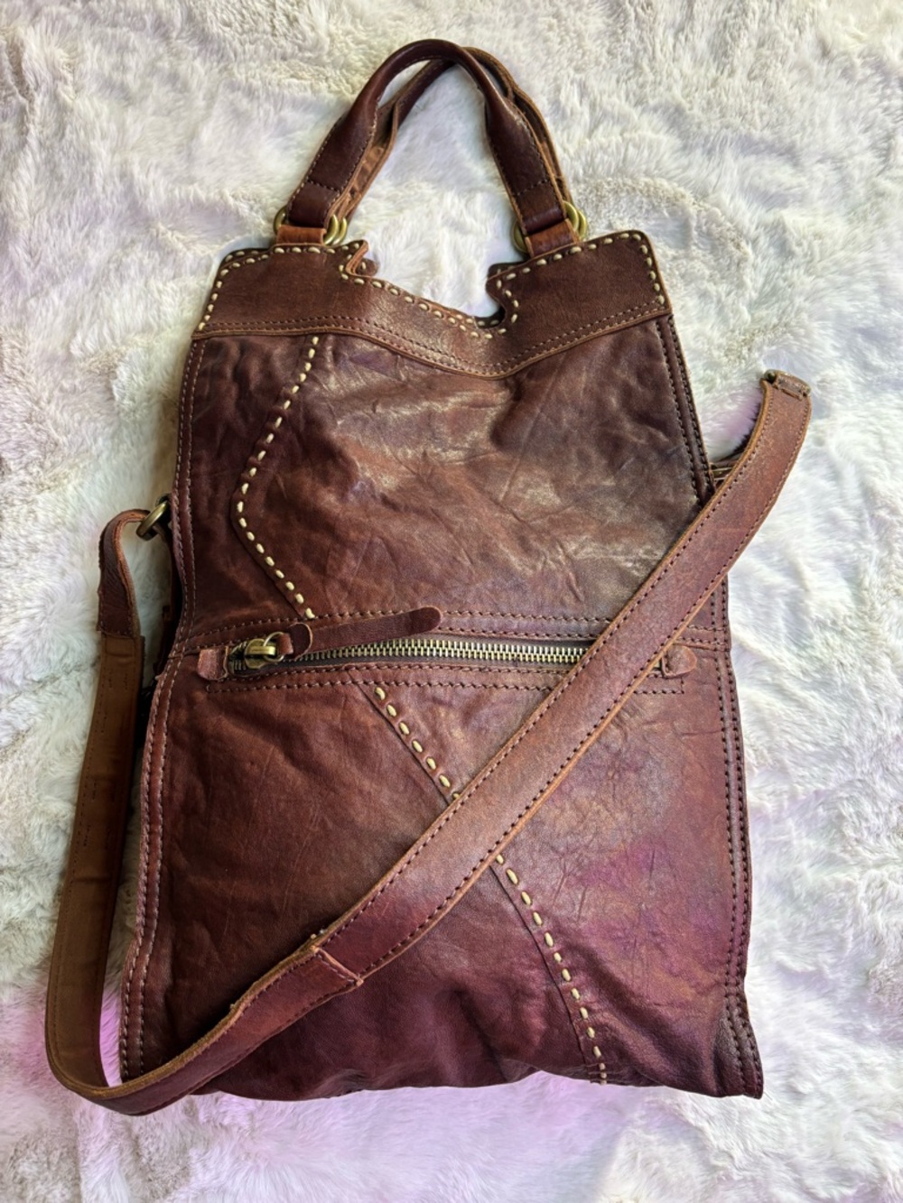 Lucky Brand Abbey Road Italian Leather Brown Foldover Crossbody Tote Bag